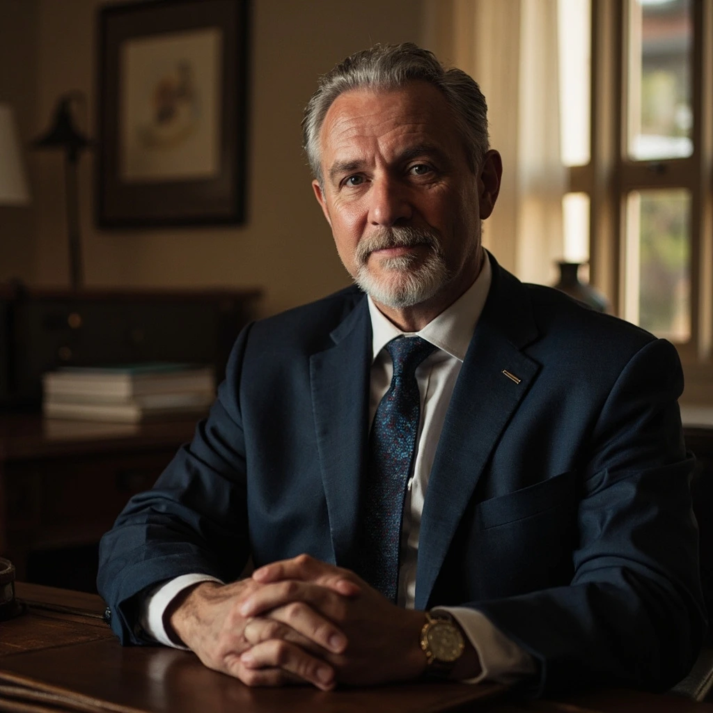 Senior partner seated at desk, editorial portrait in warm parchment tones