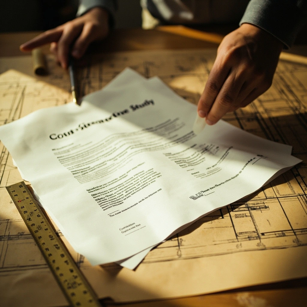 Cost segregation study laid out beside a blueprint